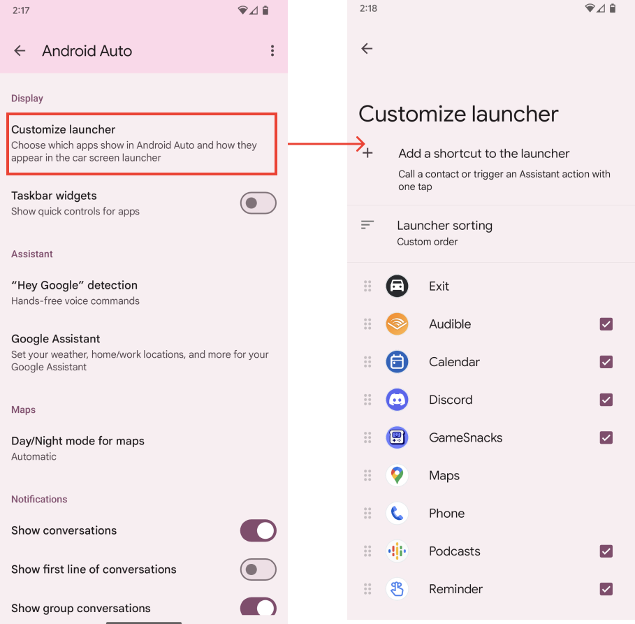 The Settings page and the Customize launcher page on a phone, side by side