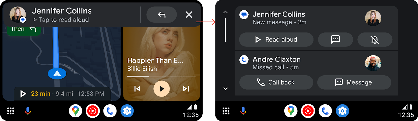 Side-by-side art of a message notification arriving as a HUN and then appearing in the Notification Center
