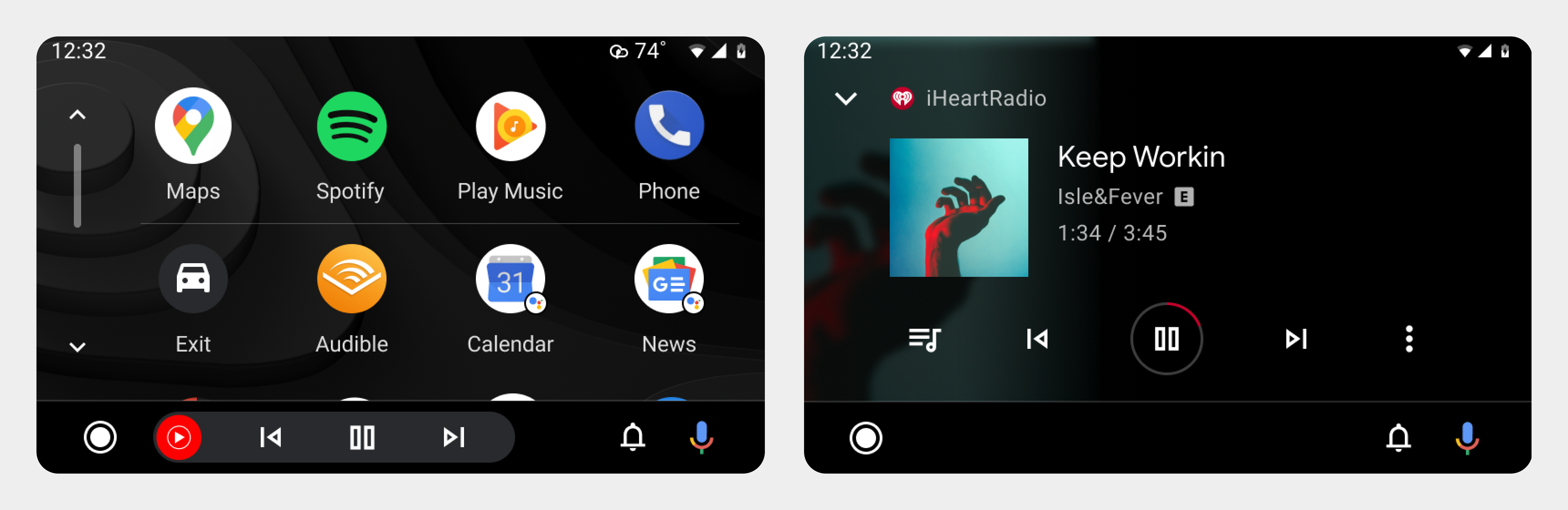 应用启动器和 iHeartRadio 媒体播放界面的屏幕截图