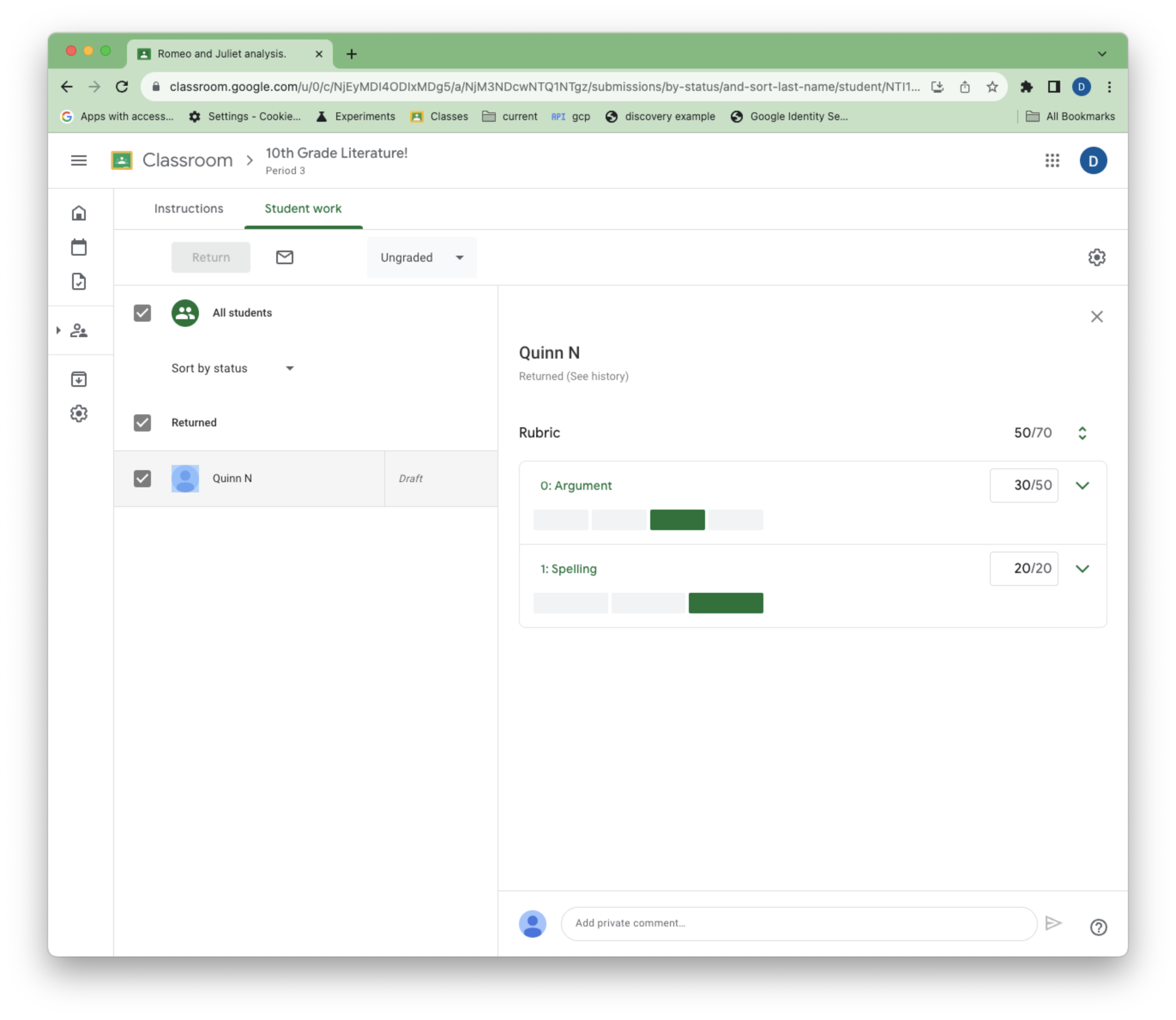 View of a rubric grade in Classroom UI