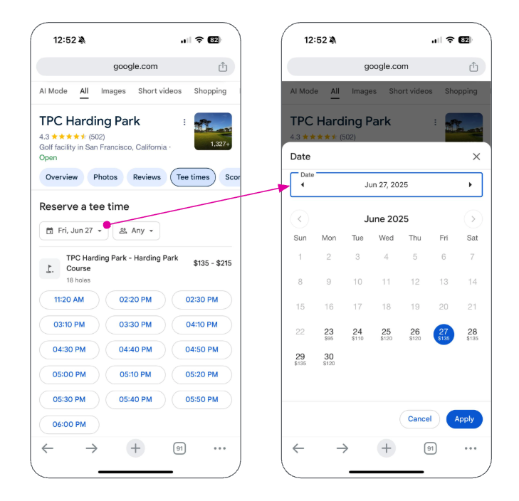 高尔夫球场的 Google 搜索结果页,显示了开球时间空闲情况