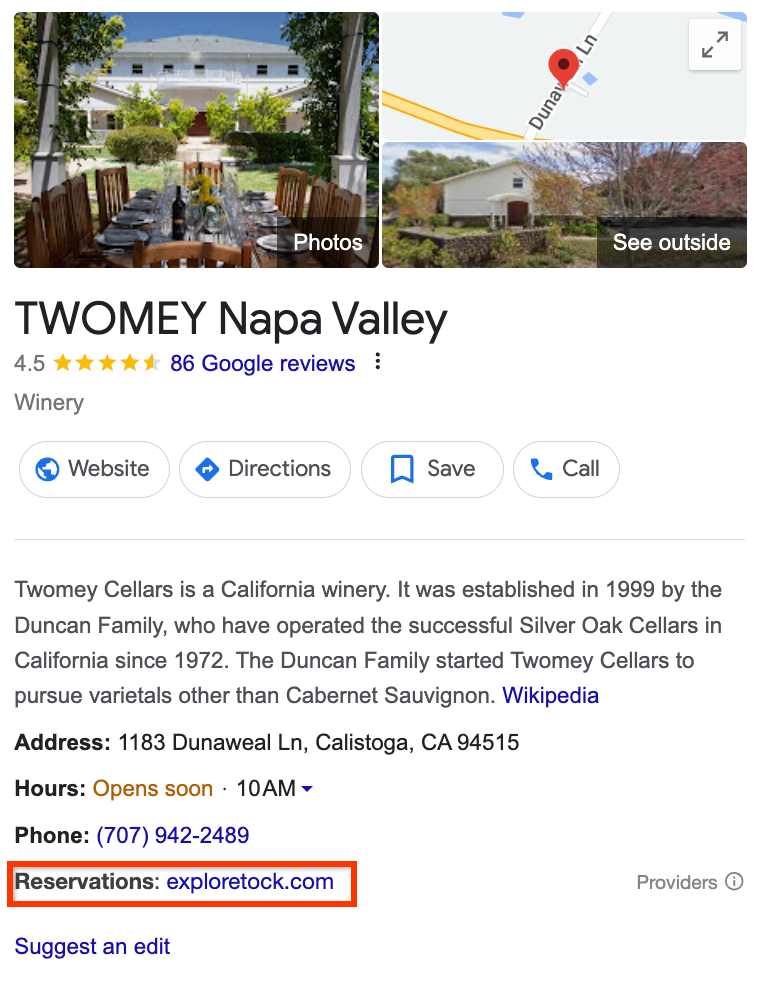 Google 商家详情中的预订商家链接示例