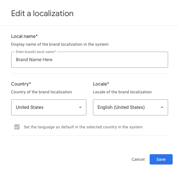 Usa el diálogo de localización para ingresar una localización para la marca