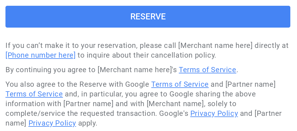 Создайте модальное окно бронирования в нижней части экрана, отображающее ссылку на Условия предоставления услуг.