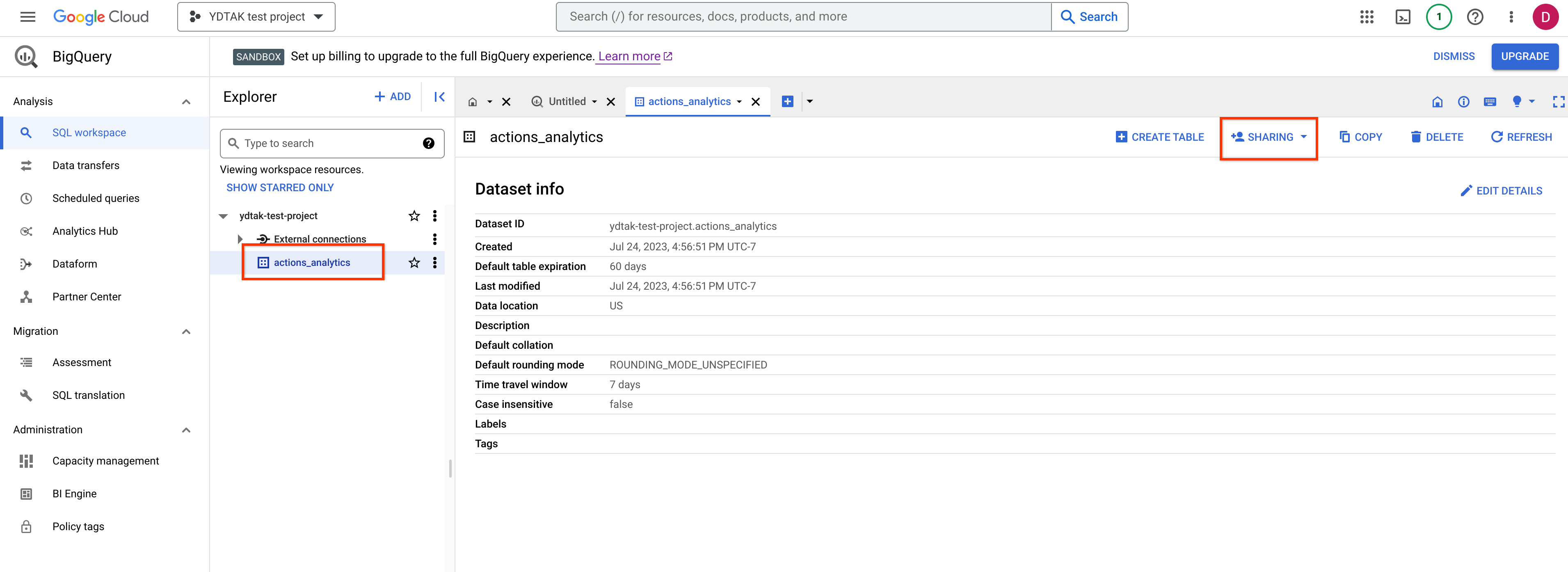 在 actions_analytics 資料集中的「Sharing」下拉式選單。