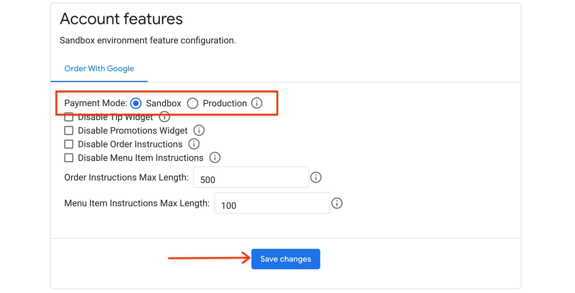 Account features card with Sandbox mode selected