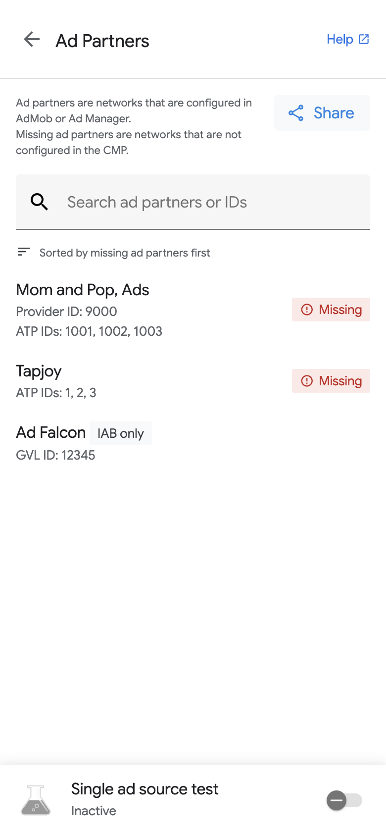 Strona partnerów reklamowych inspektora reklam z identyfikatorami