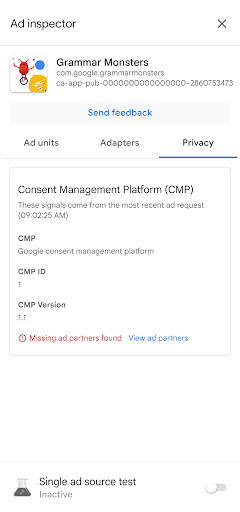 Сведения о платформе для запросов согласия в инспекторе объявлений