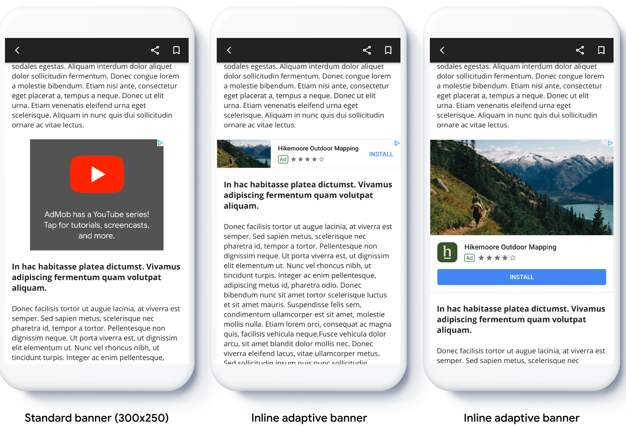 Diagramm mit den Unterschieden zwischen adaptiven und adaptiven Inline-Bannern