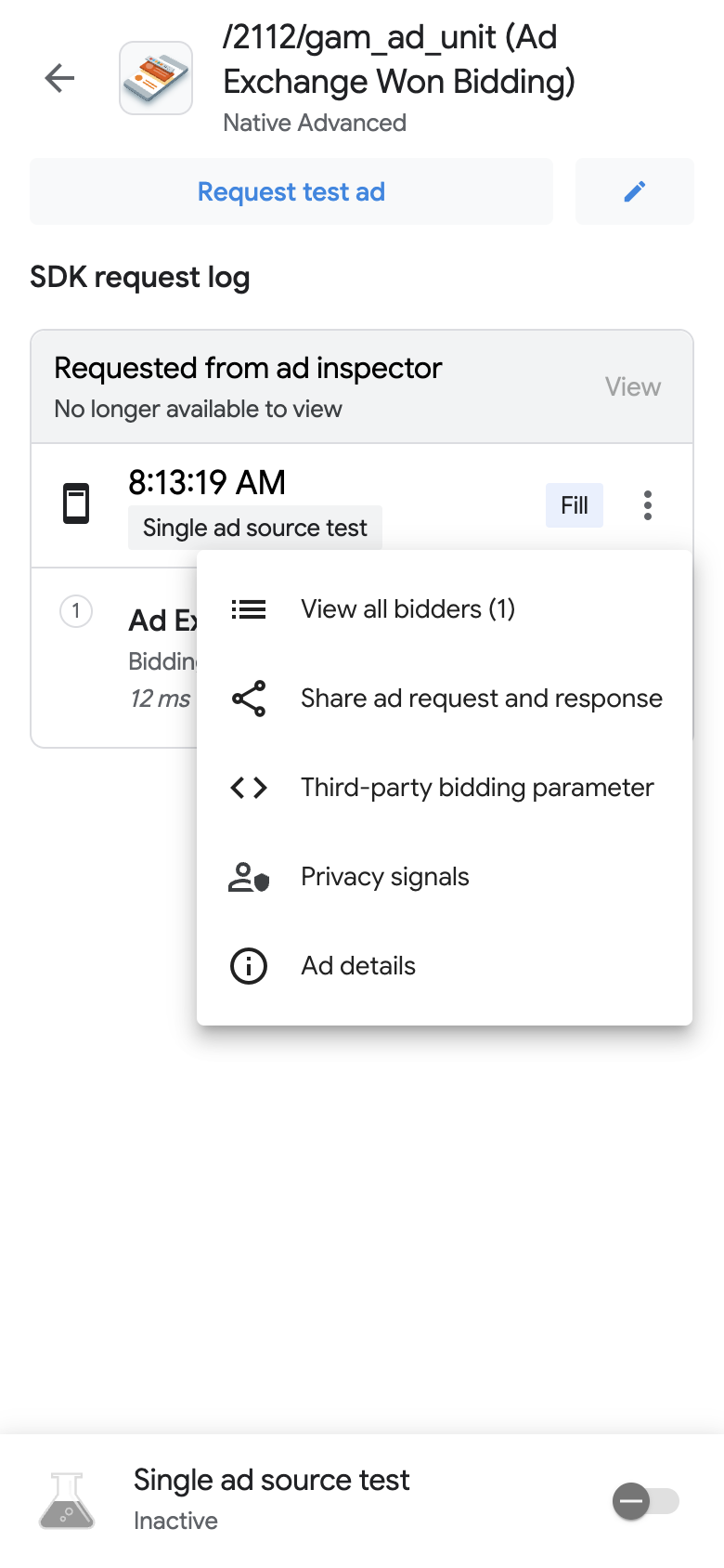 Membuka dialog dengan opsi detail iklan