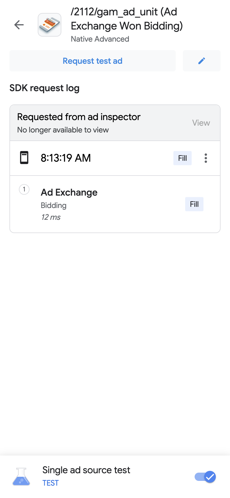 Página de registro de solicitações do SDK com o ícone de edição