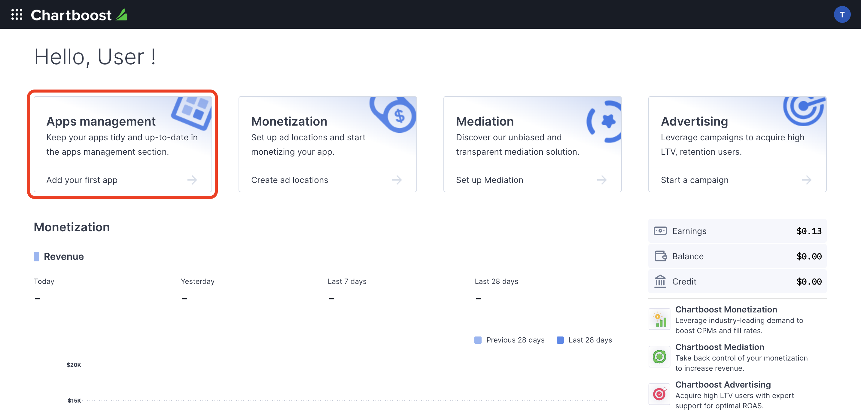 Tableau de bord des applications Chartboost