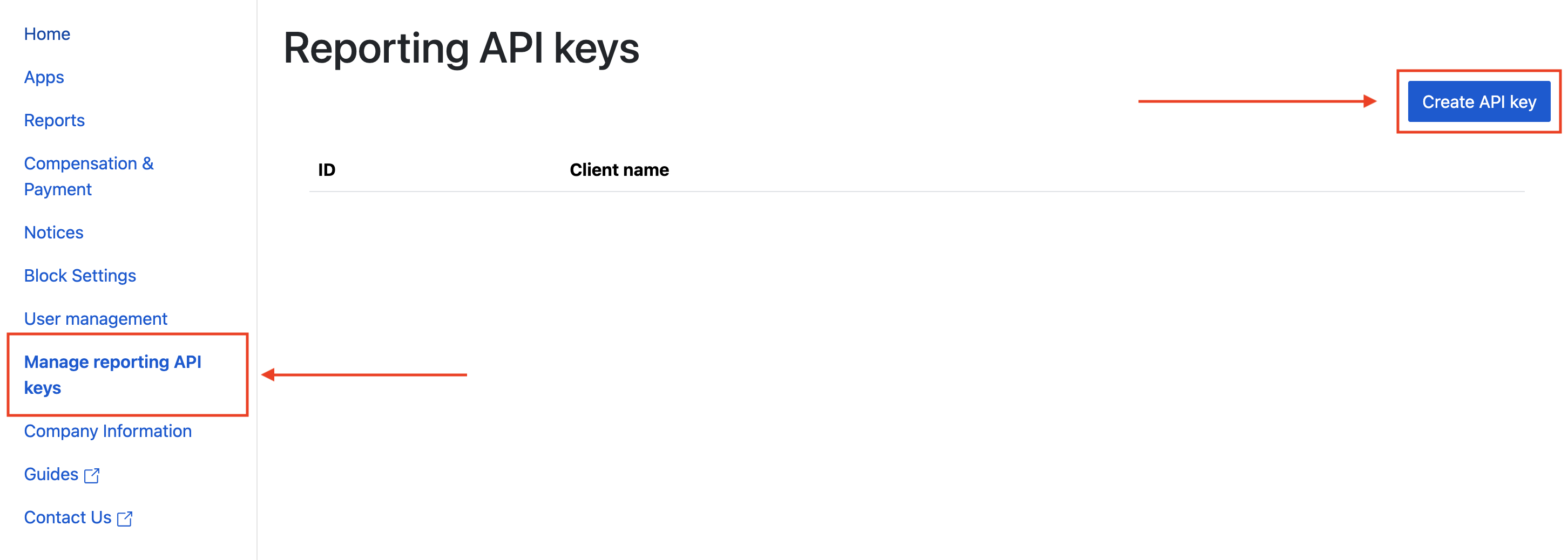 Scheda Chiave API di reporting