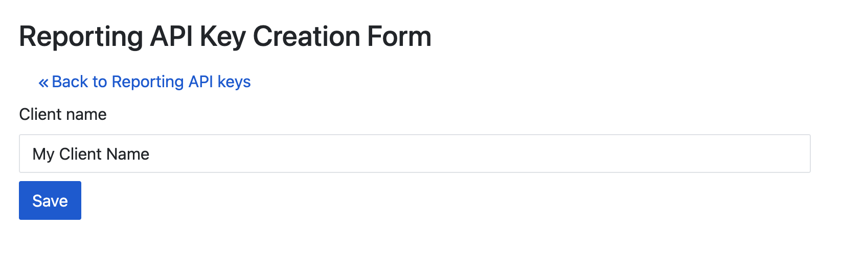Formularz klucza interfejsu API do raportowania