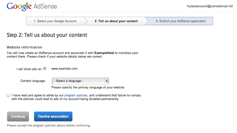 Account creation or association takes place on the AdSense website.