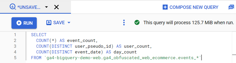 BigQuery UI showing query validation and query size