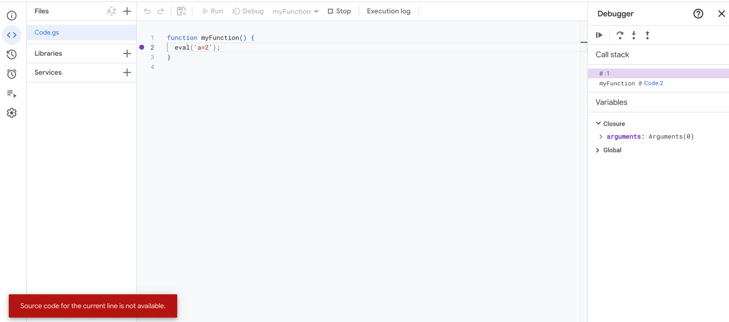 Le code source de la ligne en cours n&#39;est pas disponible