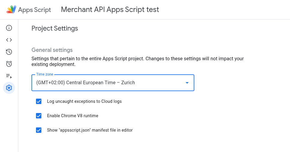 Chế độ cài đặt dự án Apps Script cho thấy lựa chọn "Hiển thị tệp kê khai appsscript.json trong trình chỉnh sửa".