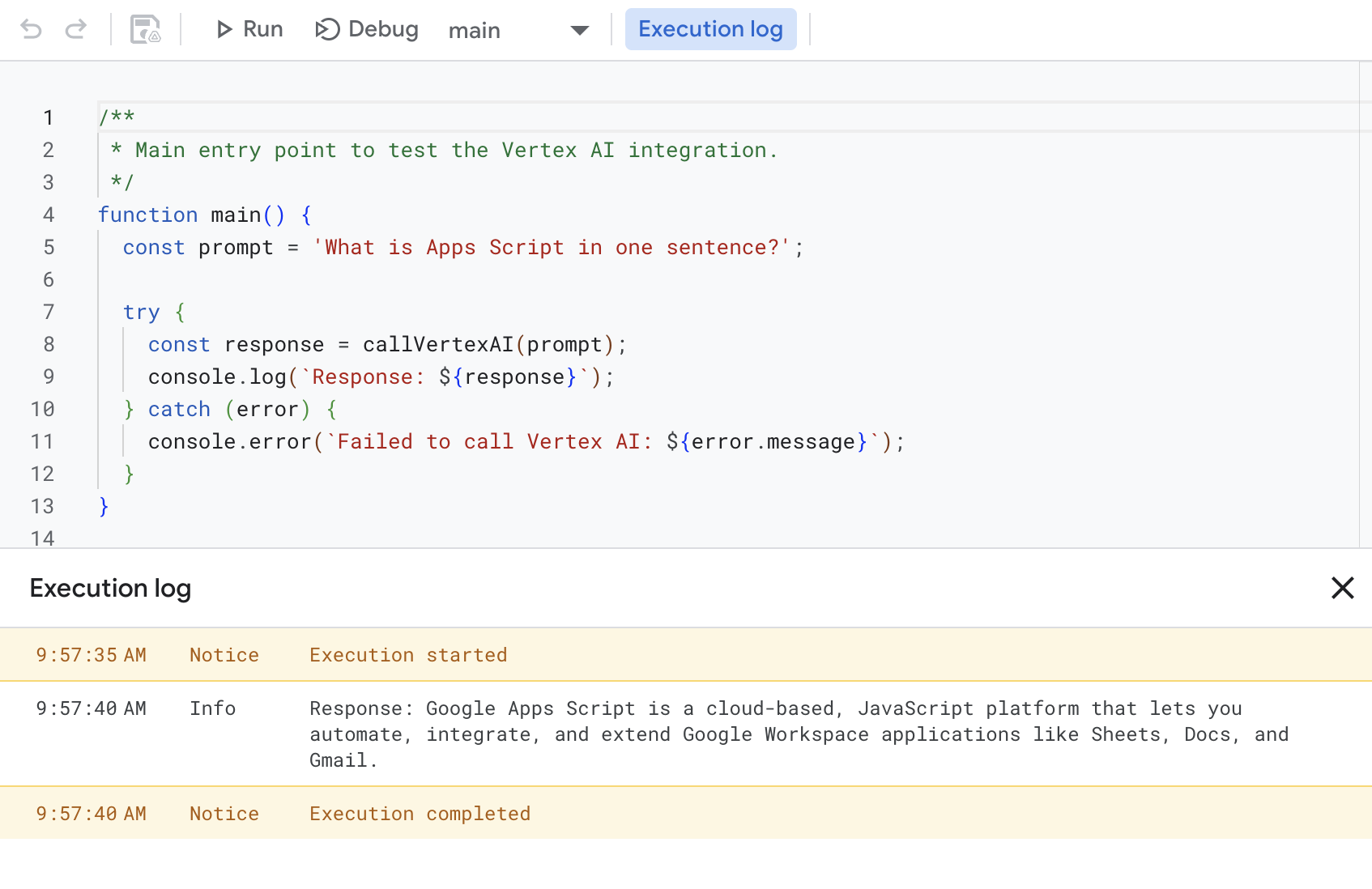 KI-generierter Text aus dem erweiterten Vertex AI-Dienst von Apps Script.