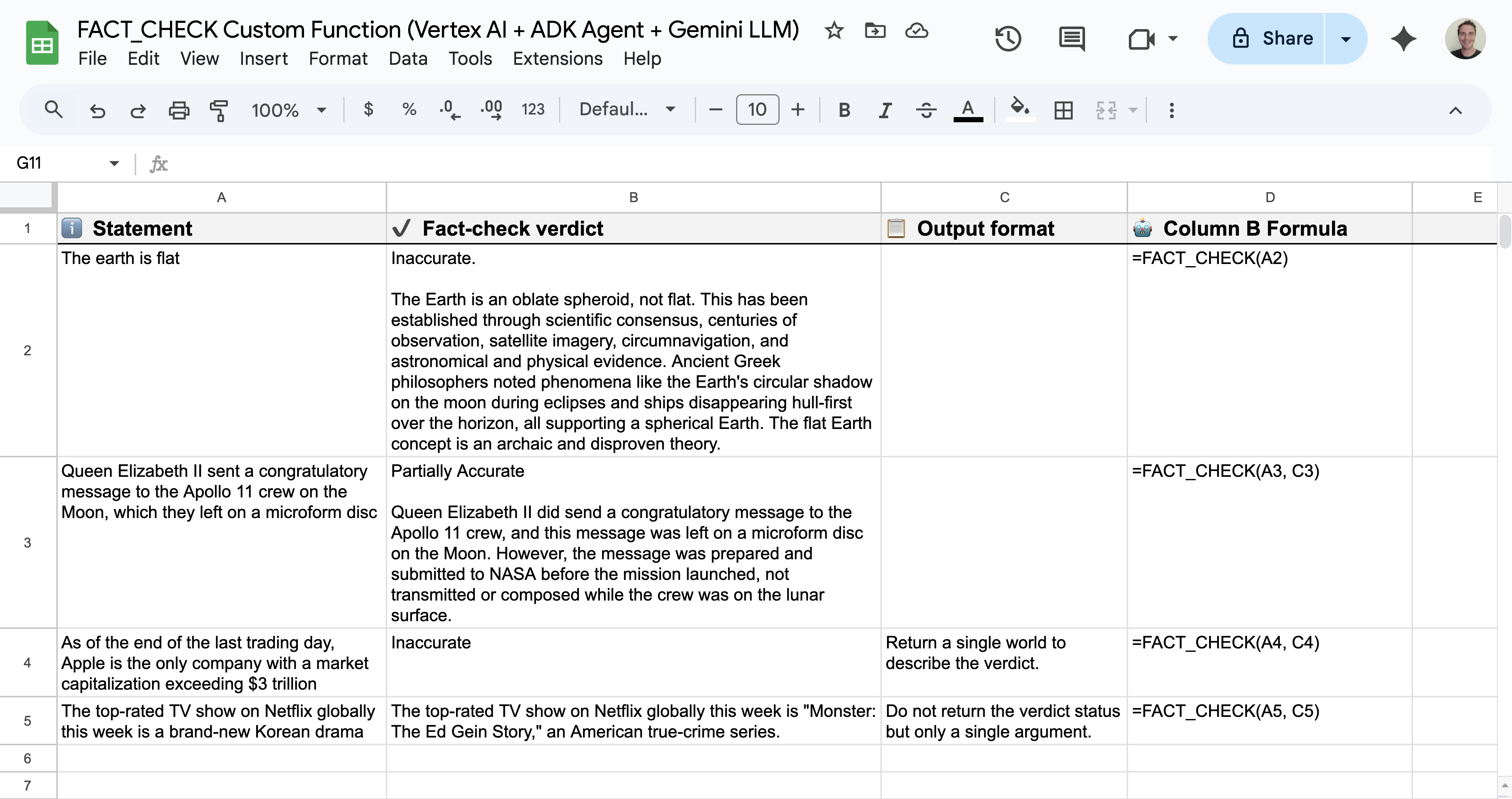 Contoh penggunaan fungsi kustom Google Spreadsheet untuk cek fakta
