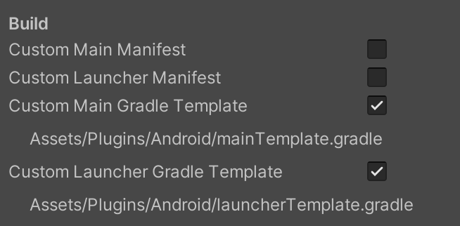 Captura de pantalla que muestra el panel Publishing Settings, Build con ambas opciones de plantilla de Gradle seleccionadas