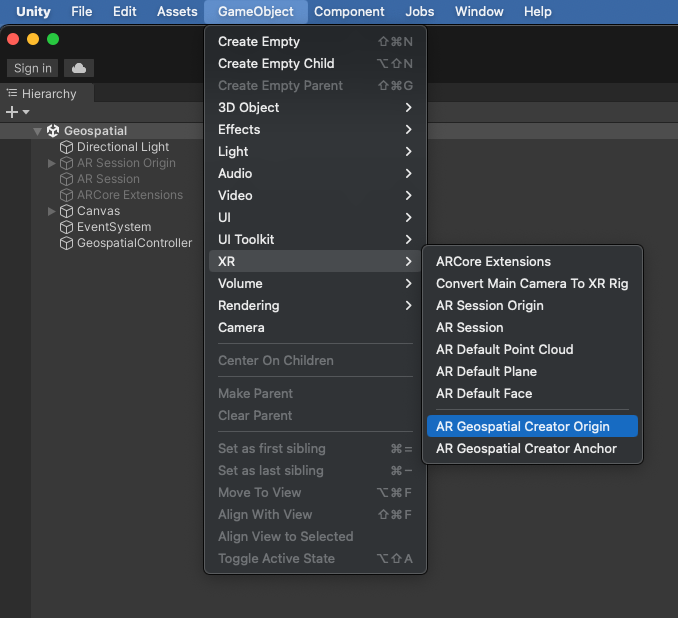 Geospatial Creator Origin GameObject'i ekleme