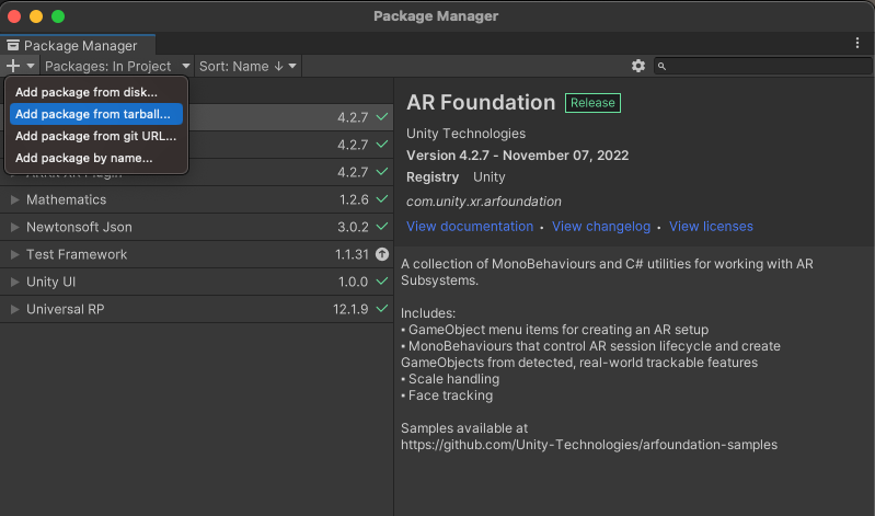 إضافة حزمة tgz .باستخدام Unity Package Manager