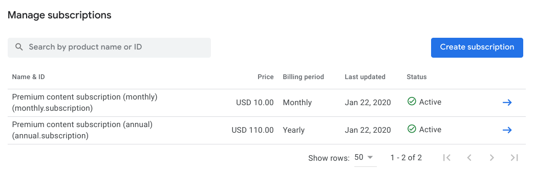 Google Play Console'daki örnek abonelikler.