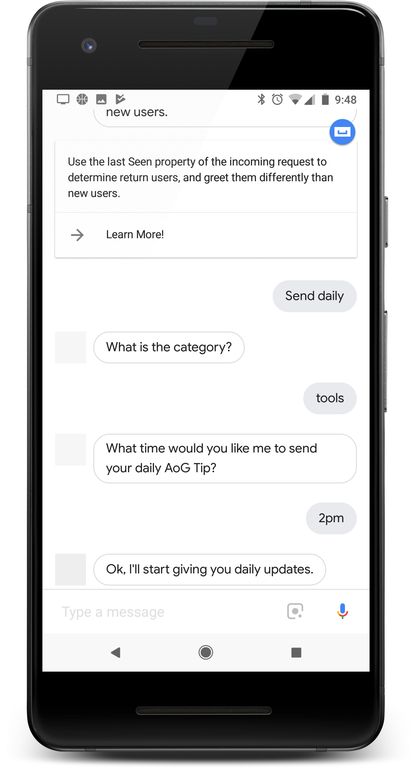Bir kullanıcının telefonunda bir Action'ın günlük güncellemelerine abone olan bir kullanıcı