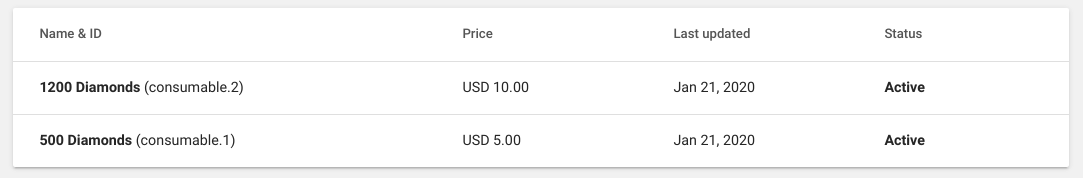 Exemplo de bens consumíveis no Google Play Console.