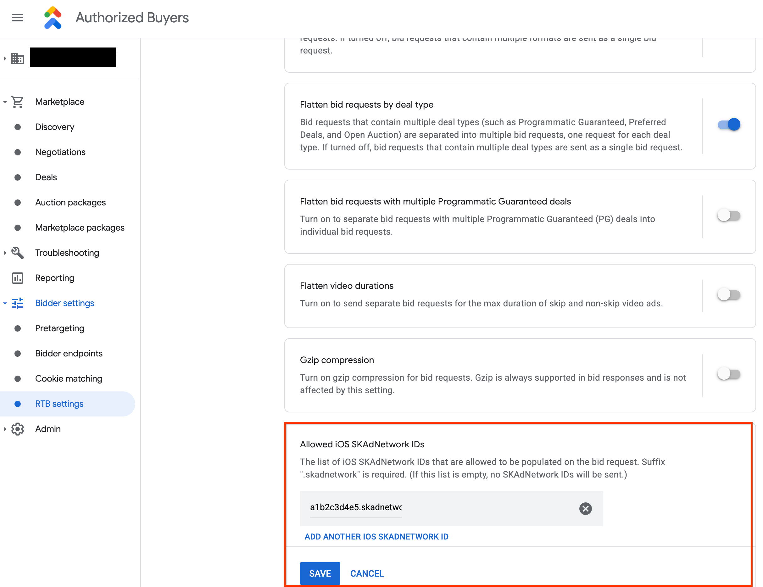 RTB সেটিংসে iOS SKAdNetwork আইডি সেটিং অনুমোদিত