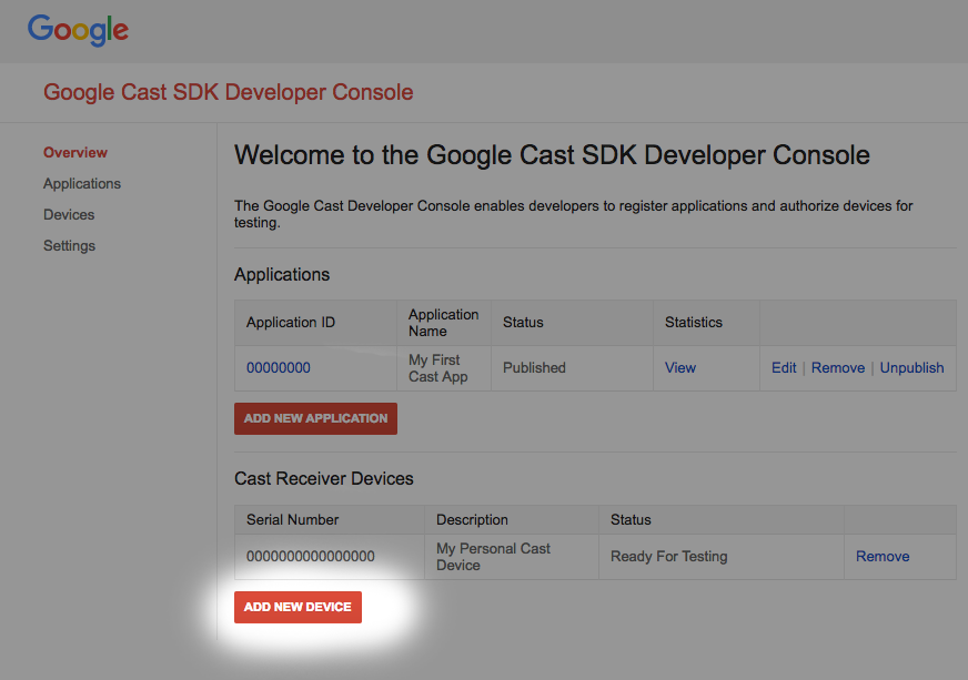 Google Cast SDK Developer Console 的图片，上面显示“Add New Device”按钮处于突出显示状态