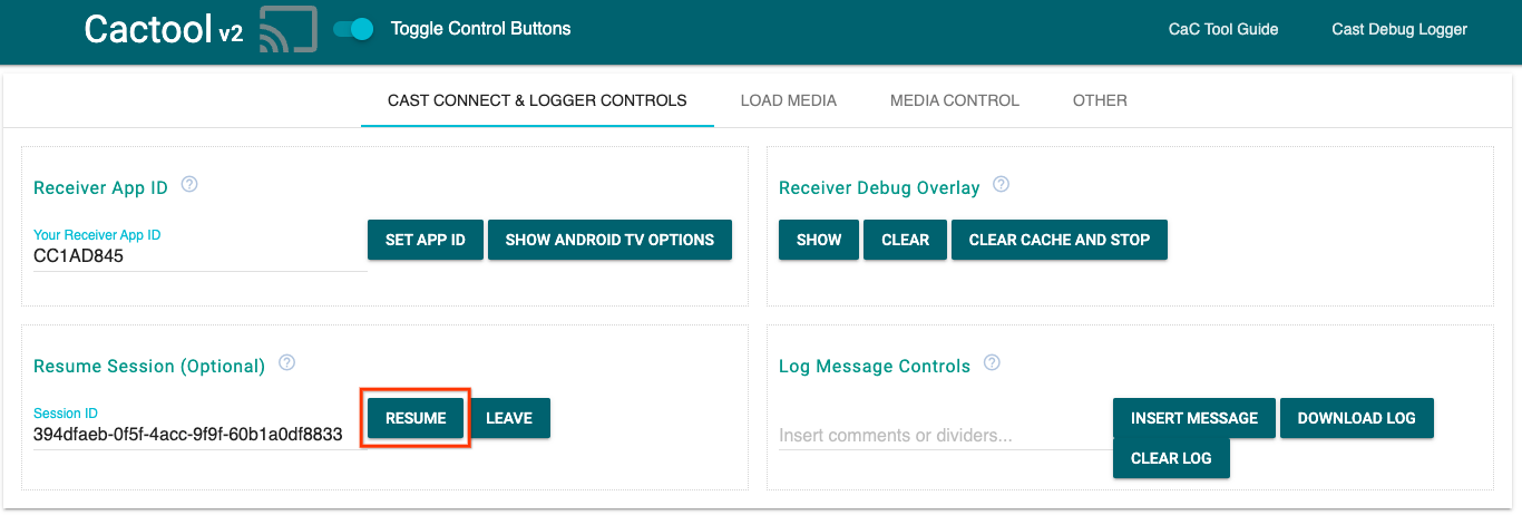 Image de l&#39;onglet &quot;Cast Connect & Logger Controls&quot; (Commandes Cast Connect et Logger) de l&#39;outil Command and Control (CaC) pour reprendre la session