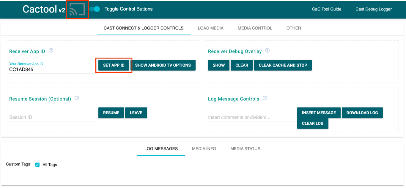 Immagine della scheda &quot;Controlli di Cast Connect e del logger&quot; dello strumento di comando e controllo (CaC)