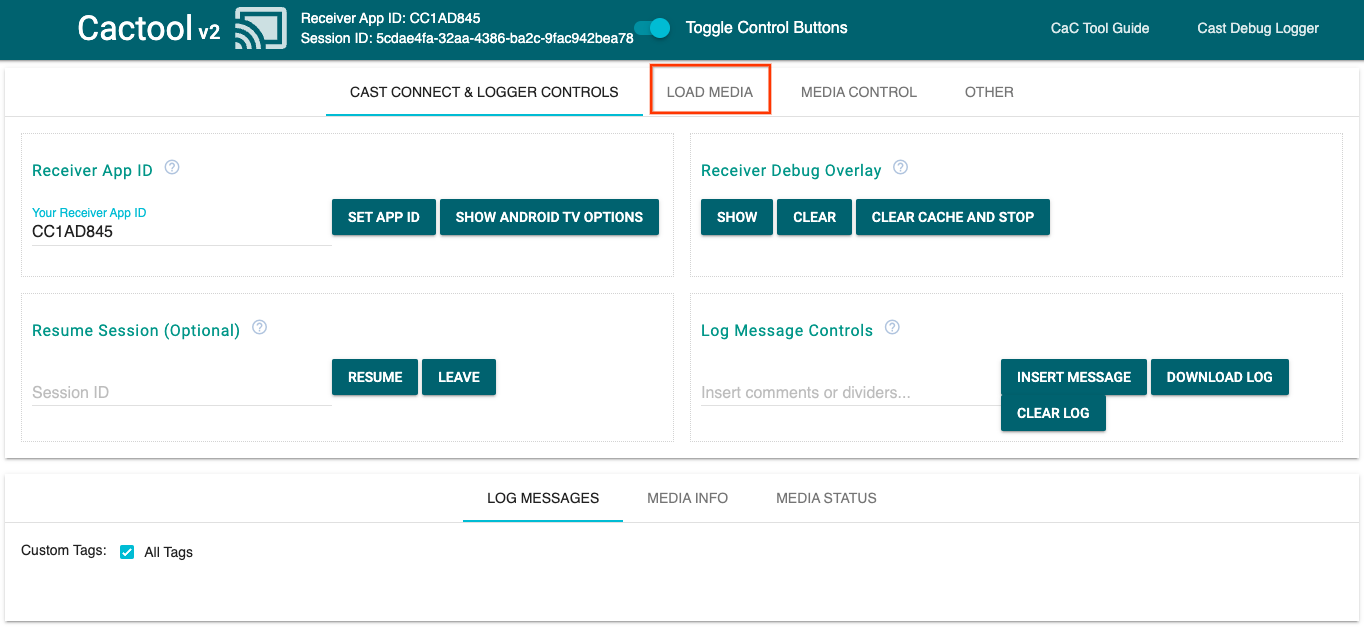 Imagen de la sección de transmisión Controles de registro Pestaña de la herramienta de comando y control (CaC) que indica que está conectada a una app receptora