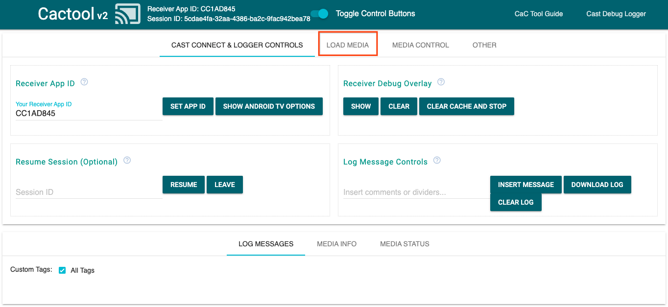 命令与控制 (CaC) 工具的“Cast Connect & Logger Controls”（投放连接和日志记录器控件）标签页的图片，显示该工具已连接到接收器应用