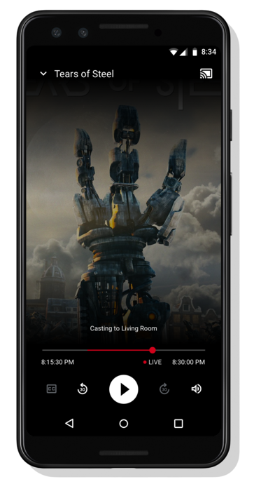 一张 Android 手机播放视频的图片;底部显示“正在投放到客厅”消息,上方是一组视频播放器控件