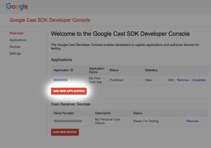 Immagine della Google Cast SDK Developer Console con il pulsante &quot;Aggiungi nuova applicazione&quot; evidenziato