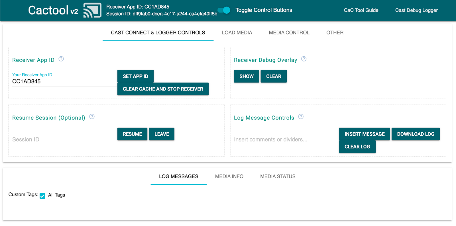 รูปภาพของแท็บ &quot;Cast Connect & Logger Controls&quot; ของเครื่องมือ Command and Control (CaC) ซึ่งบ่งชี้ว่าอุปกรณ์เชื่อมต่อกับแอปตัวรับสัญญาณอยู่