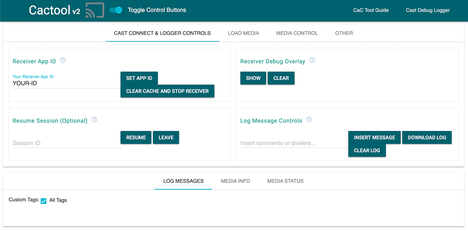 Imagem da guia &quot;Cast Connect & Logger Controls&quot; da ferramenta de comando e controle (CaC)