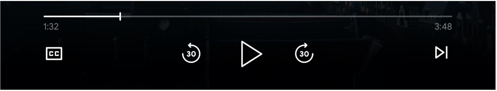 Image des commandes du lecteur multimédia: barre de progression, bouton &quot;Play&quot; (Lecture), boutons &quot;Skip forward&quot; (Avancer) et &quot;Skip backward&quot; (Retourner), boutons &quot;Queue previous&quot; (Mettre en file d&#39;attente précédent) et &quot;Queue next&quot; (Mettre en file d&#39;attente suivant), et boutons &quot;Closed Caption&quot; (Sous-titres) activés