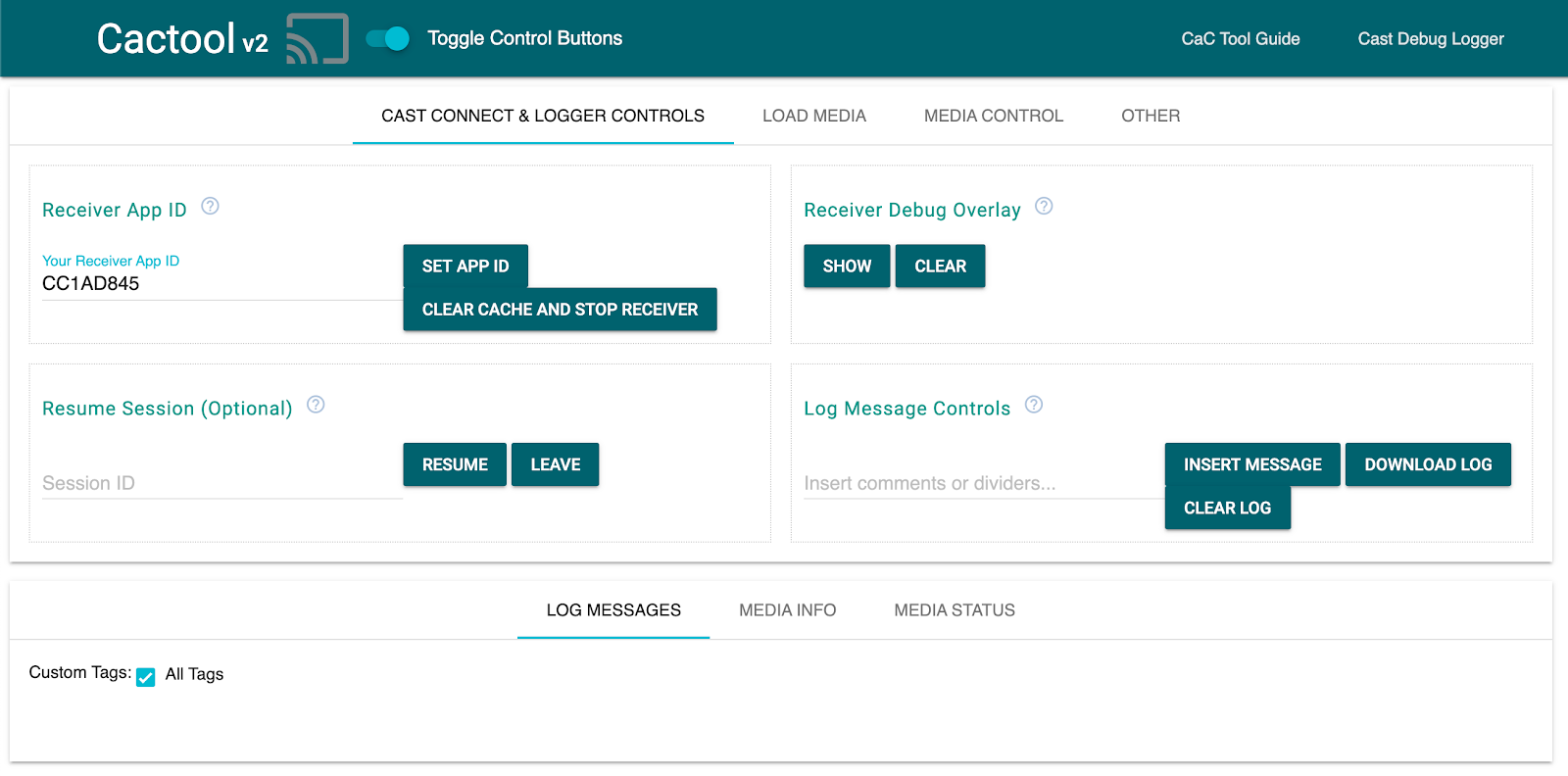 รูปภาพของแท็บ &quot;Cast Connect & Logger Controls&quot; ของเครื่องมือ Command and Control (CaC)