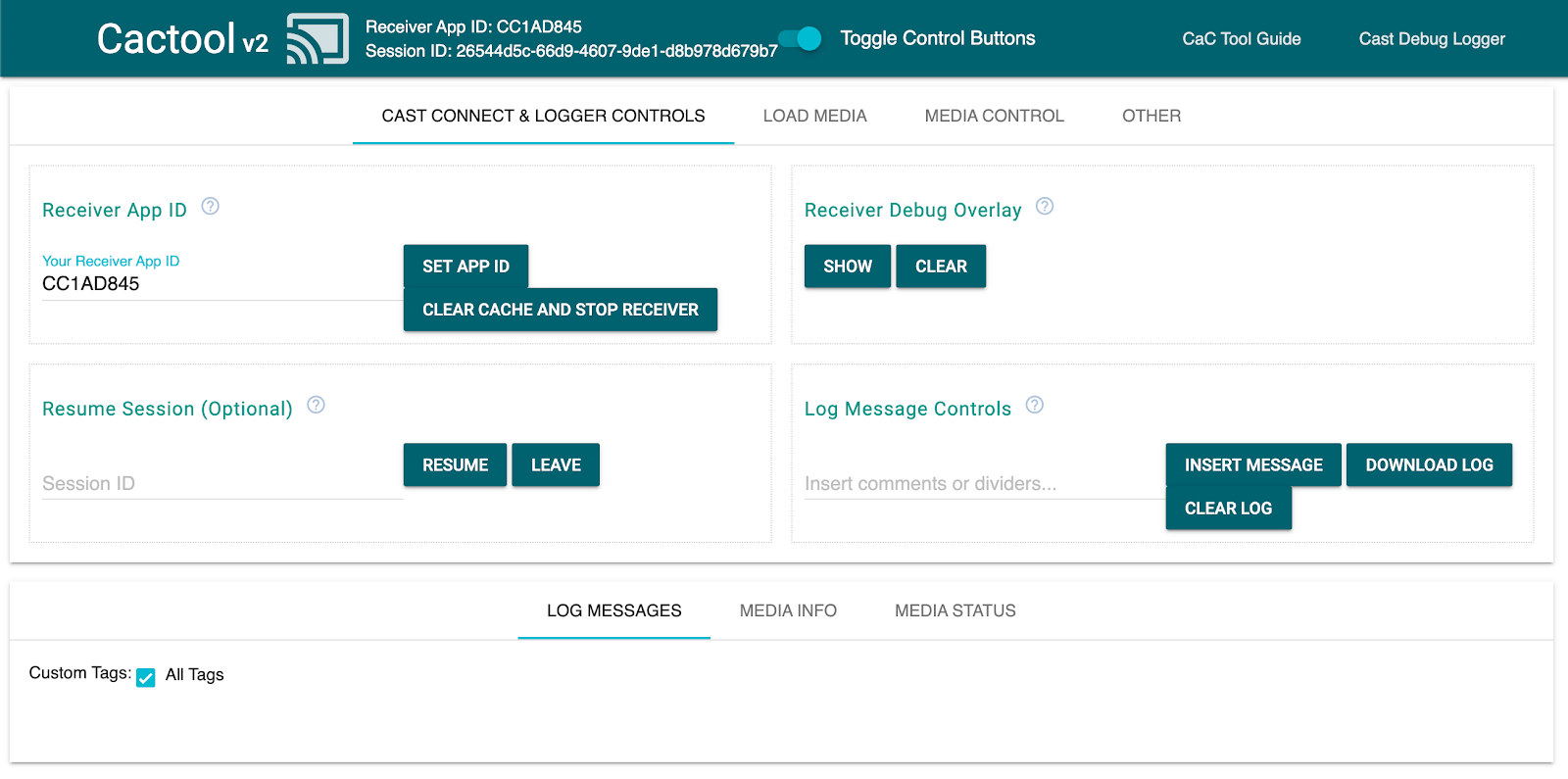 命令与控制 (CaC) 工具的“Cast Connect & Logger Controls”（Cast Connect 和记录器控件）标签页的图片，显示该工具已连接到接收器应用