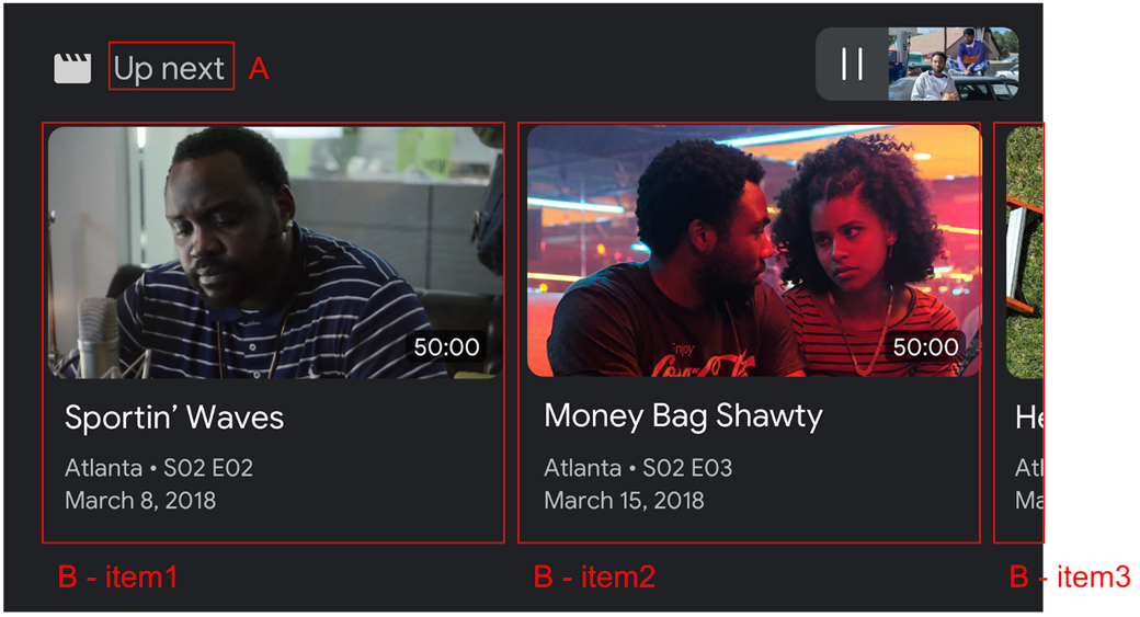 Obraz interfejsu BrowseContent z 2 miniatury filmów i fragmentem trzeciej