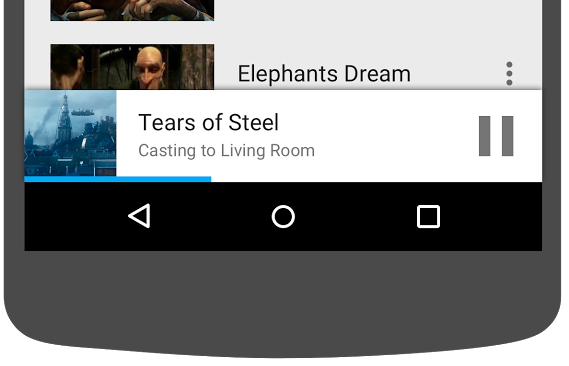 Illustration d&#39;une partie inférieure d&#39;un téléphone Android montrant le lecteur réduit dans l&#39;application Cast Vidéos