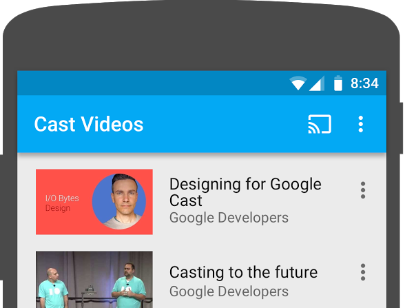 Cast Video アプリが実行されている Android スマートフォンの上部部分のイラスト。画面の右上にキャスト ボタンが表示されています
