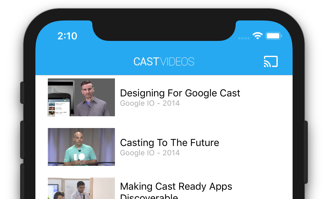 插图：iPhone 上运行 CastVideos 应用的顶部三分之一，显示右上角的“投放按钮”