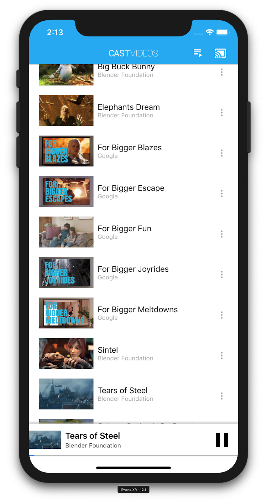 插图:iPhone 运行 CastVideos 应用,底部显示迷你控制器
