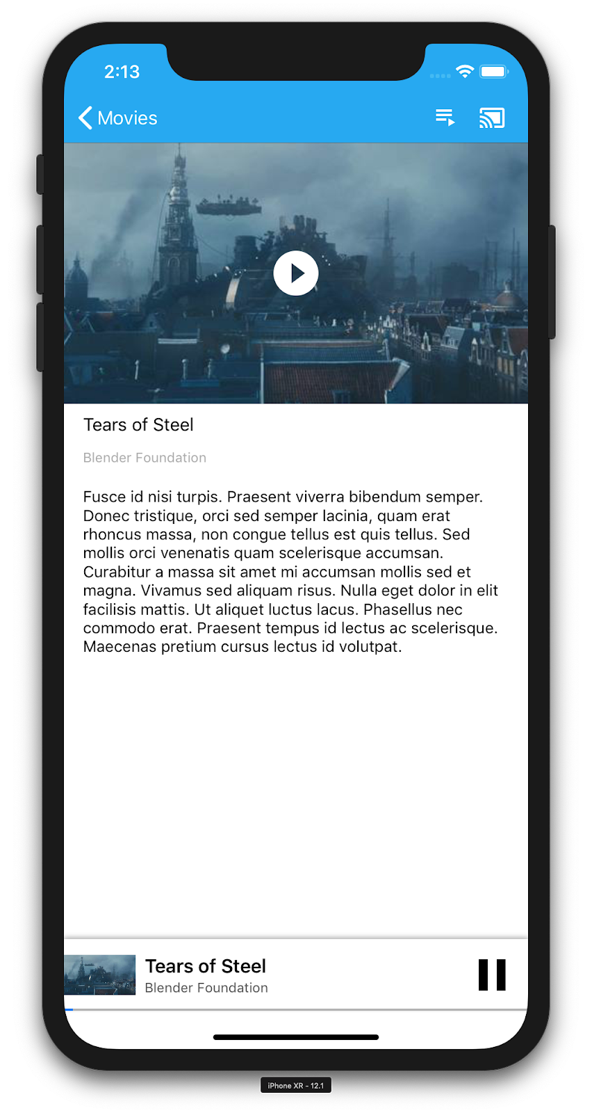 插图：iPhone 正在运行 CastVideos 应用，其中显示了特定视频（“钢之泪”）的详细信息。底部是迷你播放器