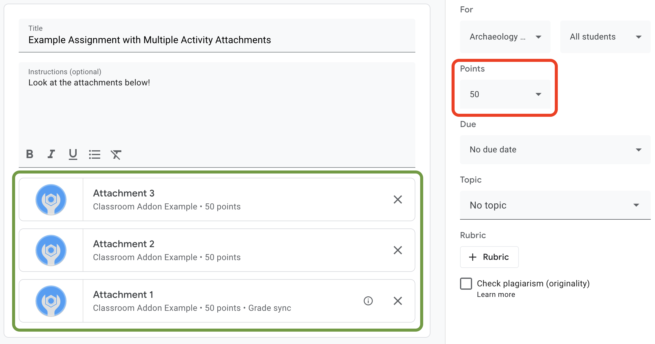 Ejemplo de varios archivos adjuntos con maxPoints en una asignación